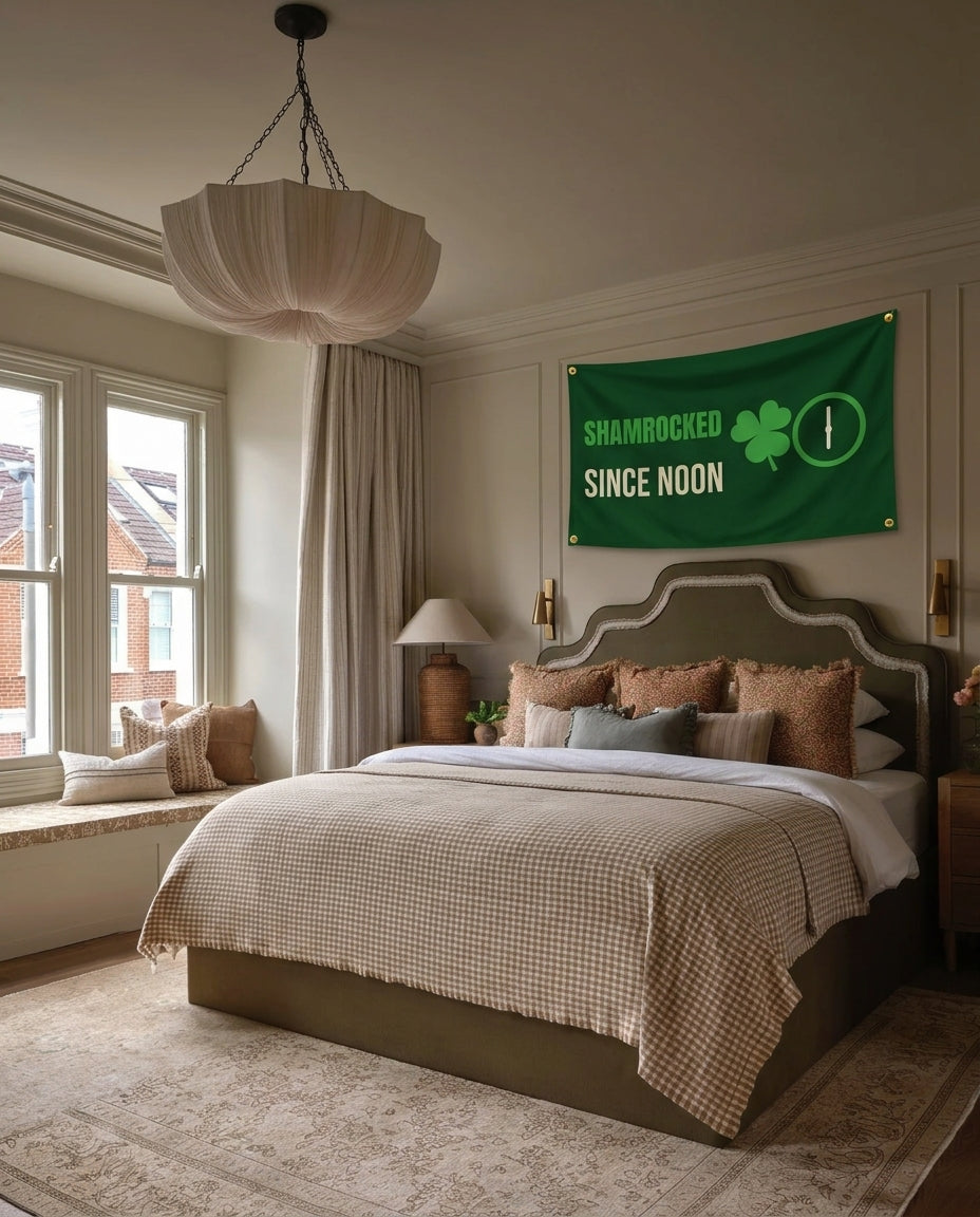 Shamrocked Since Noon St. Patrick's Day wall flag hanging in a bedroom