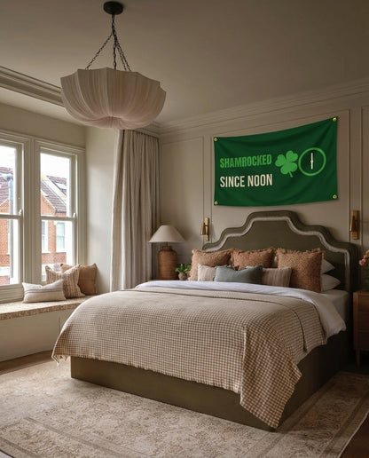 Shamrocked Since Noon St. Patrick's Day wall flag hanging in a bedroom