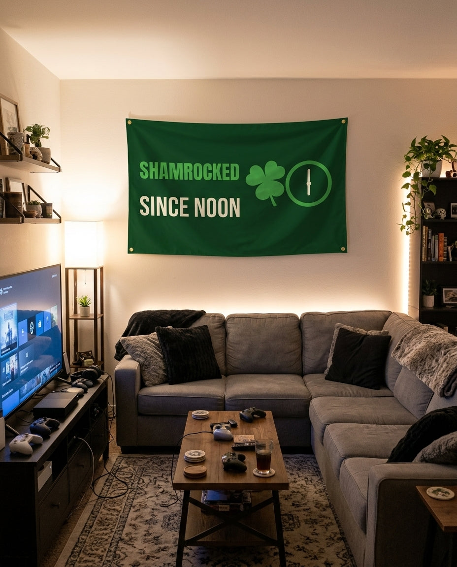Shamrocked Since Noon flag decorating a game room wall