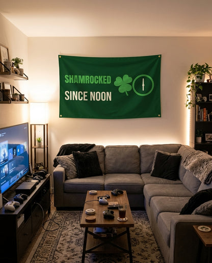 Shamrocked Since Noon flag decorating a game room wall