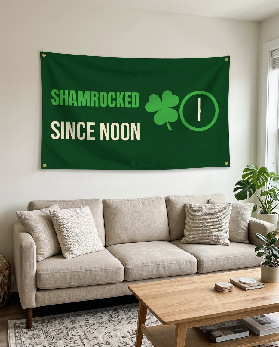 Shamrocked Since Noon flag used as living room wall decor