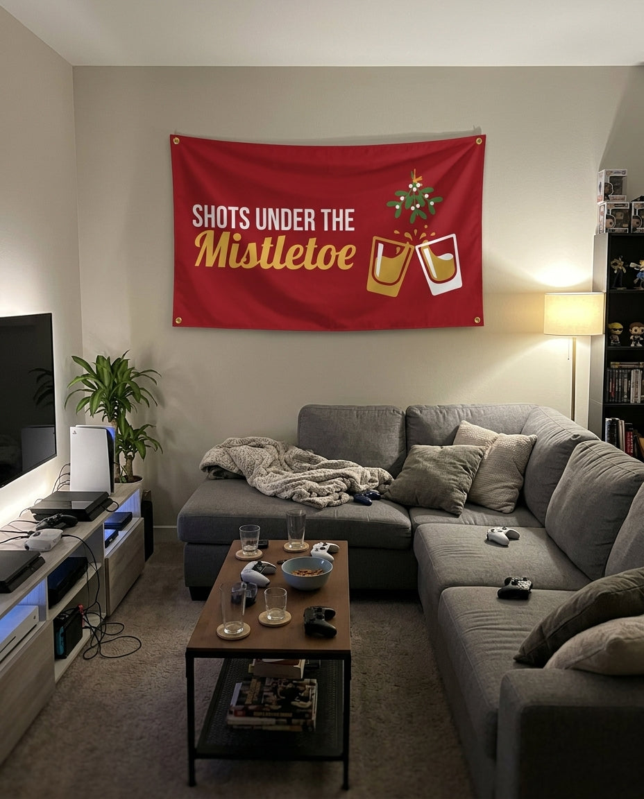 Shots Under The Mistletoe flag decorating a game room wall