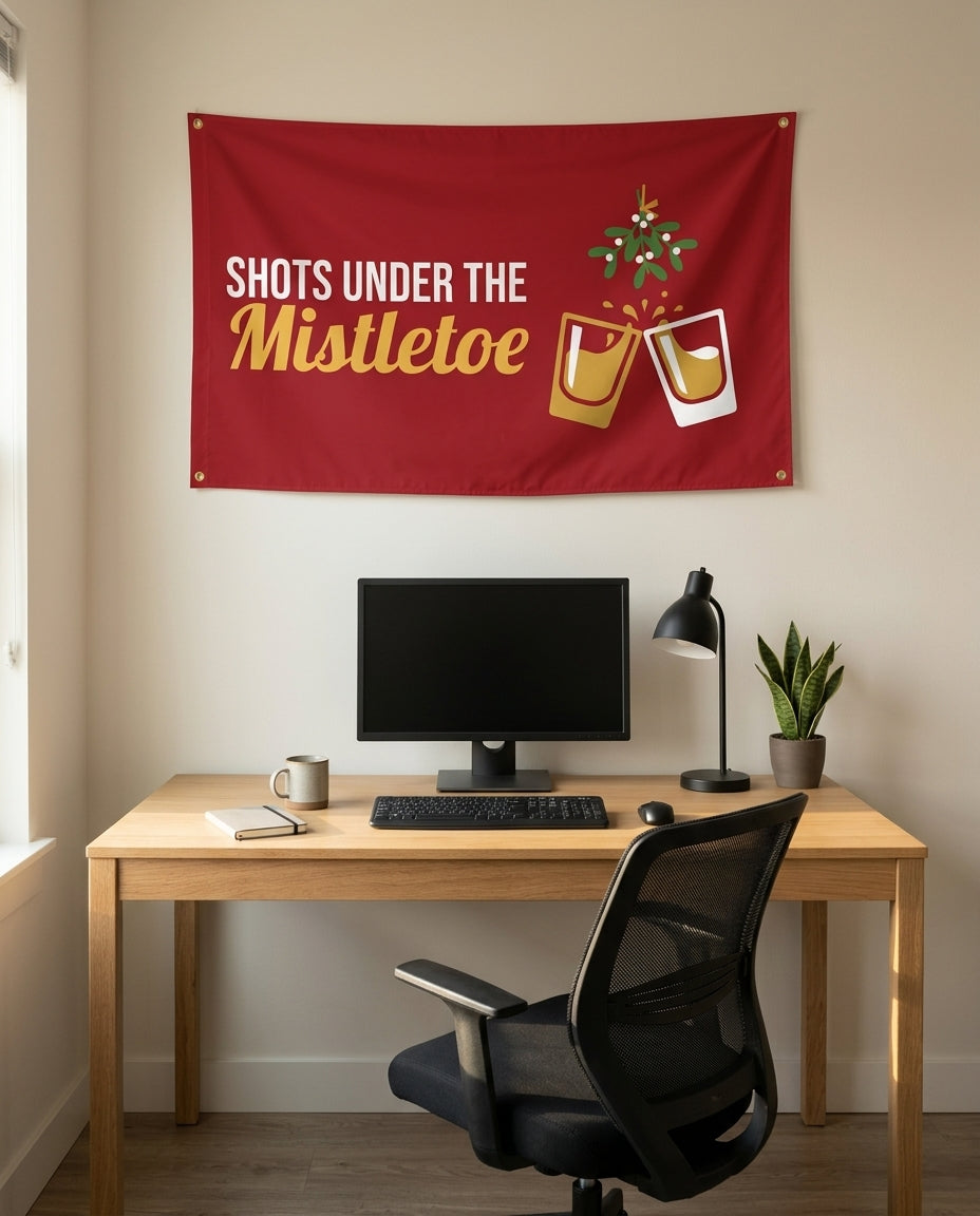 Shots Under The Mistletoe 3x5 flag on a home office wall