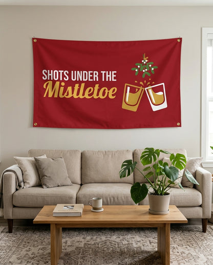 Shots Under The Mistletoe flag used as living room wall decor