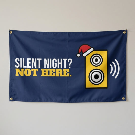 Silent Night Not Here flag 3x5 in navy with a speaker in a Santa hat, hung on a wall