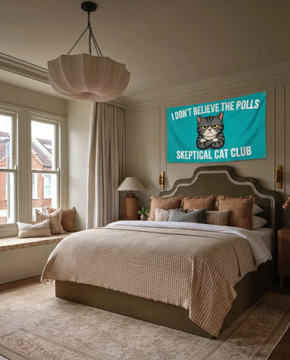 Skeptical Cat Club funny cat wall flag hanging in a bedroom