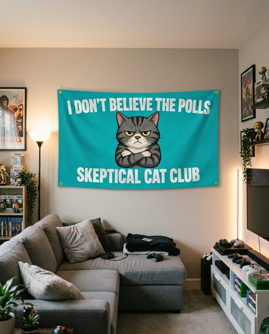 Skeptical Cat Club flag decorating a game room wall