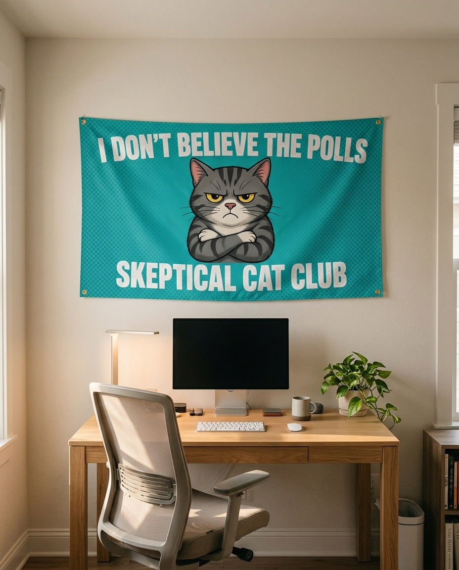 Skeptical Cat Club 3x5 cat flag on a home office wall