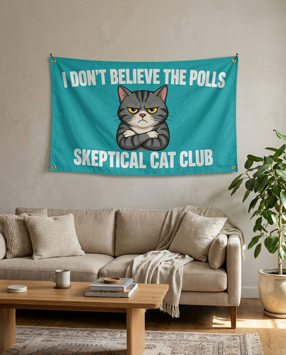Teal Skeptical Cat Club flag used as living room wall decor