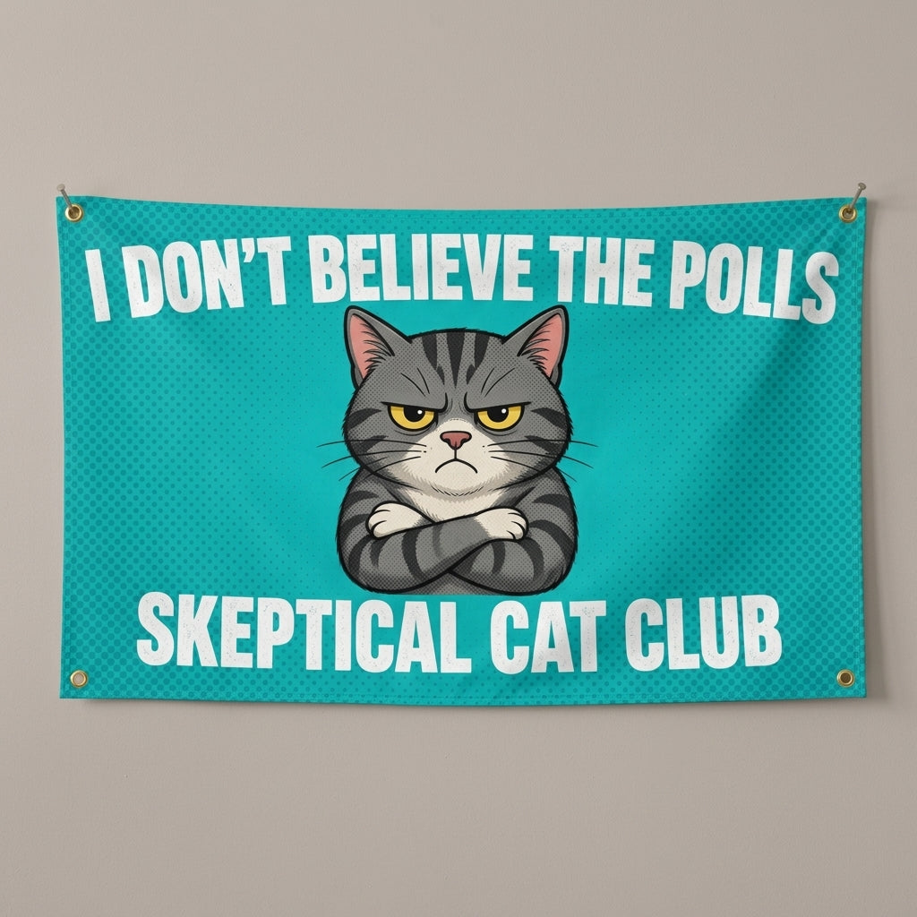 Skeptical Cat Club flag 3x5 in teal with an unimpressed tabby cat, hung on a gray wall