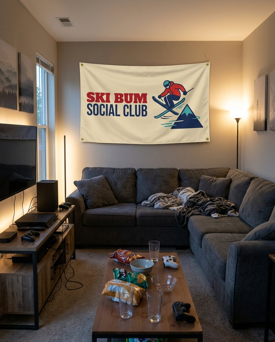 Ski Bum Social Club flag decorating a game room wall