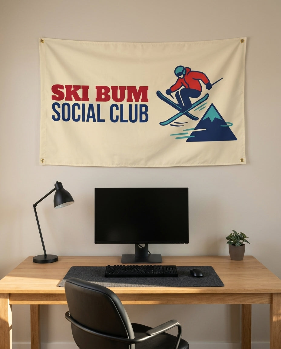 Ski Bum Social Club 3x5 flag on a home office wall