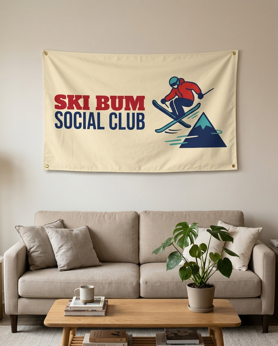 Ski Bum Social Club flag used as living room wall decor