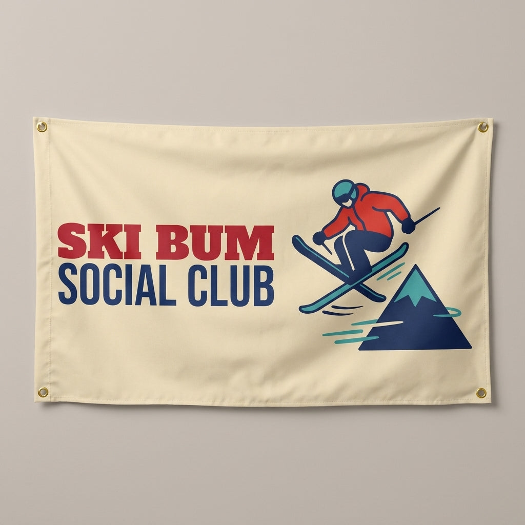 Ski Bum Social Club flag 3x5 in cream with a skier carving down a mountain, hung on a wall