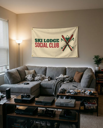 Ski Lodge Social Club flag decorating a game room wall