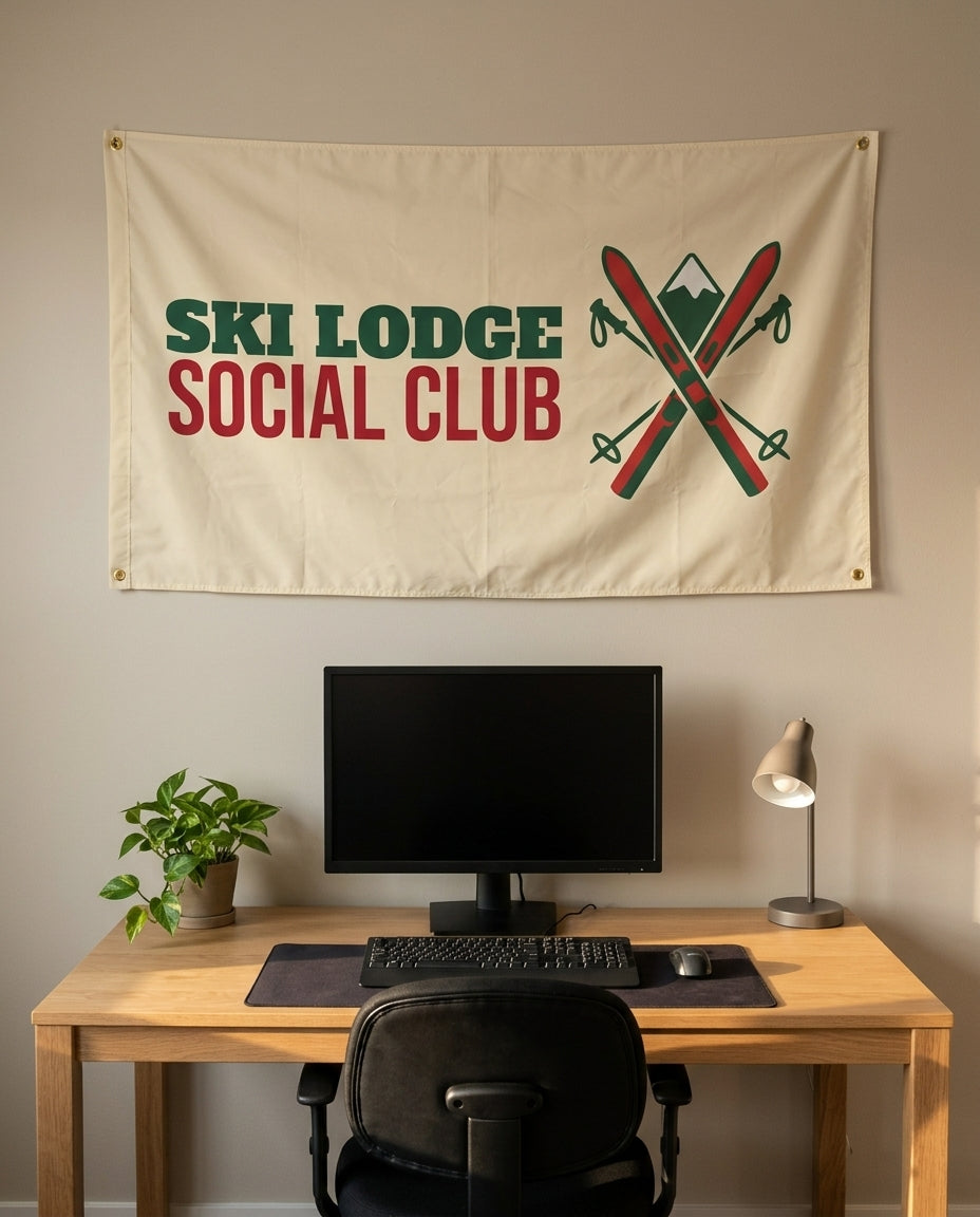 Ski Lodge Social Club 3x5 flag on a home office wall