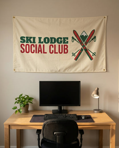 Ski Lodge Social Club 3x5 flag on a home office wall