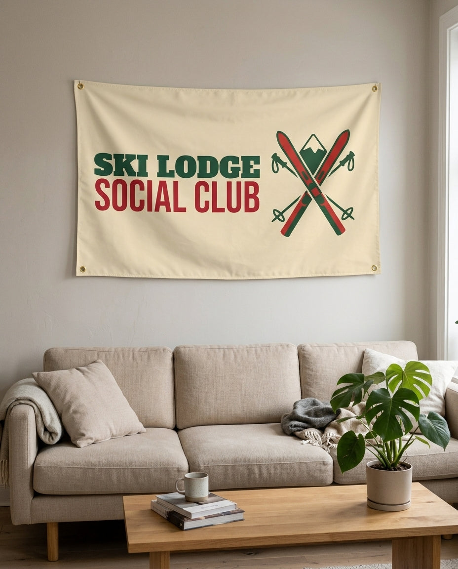 Ski Lodge Social Club flag used as living room wall decor