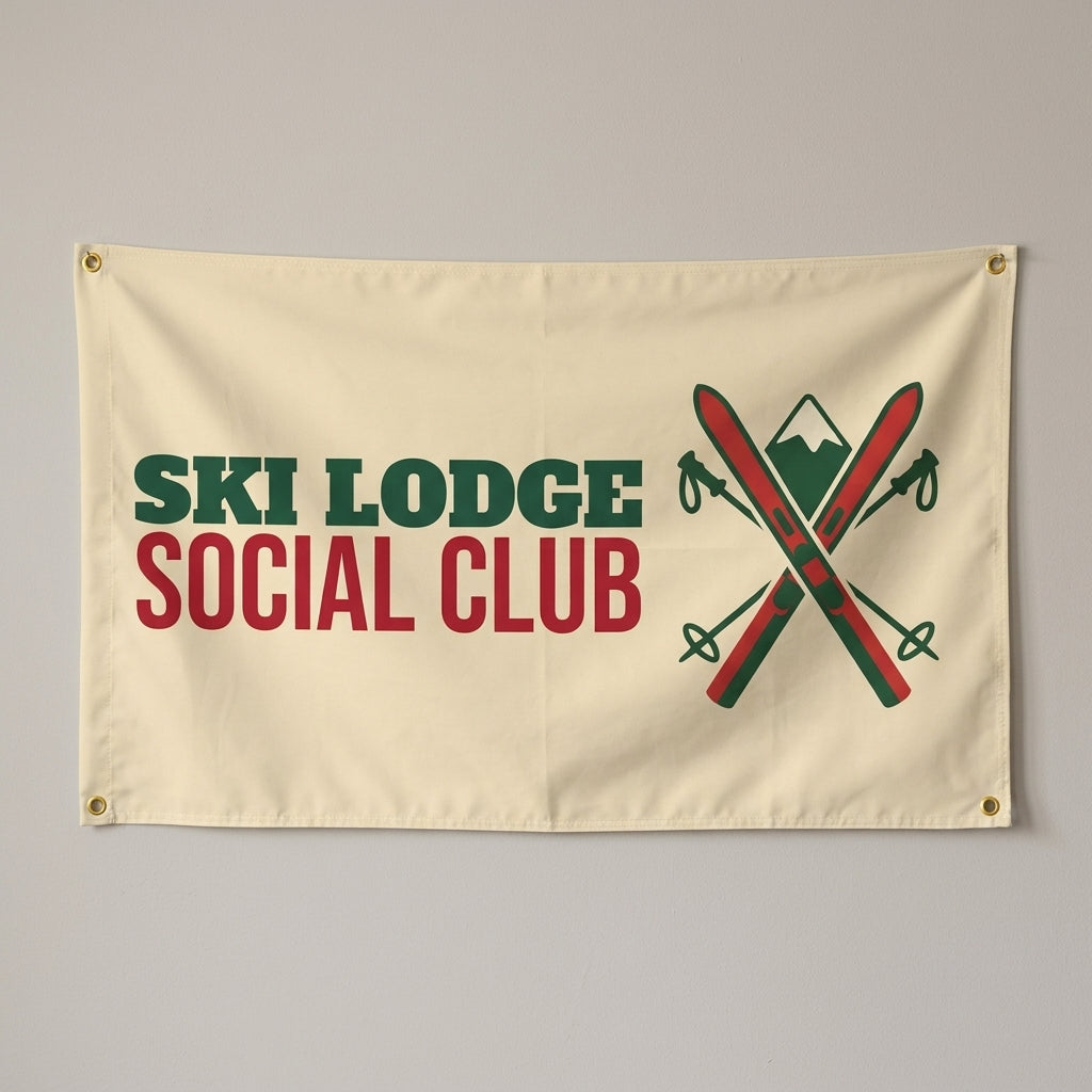 Ski Lodge Social Club flag 3x5 in cream with crossed skis and poles, hung on a wall