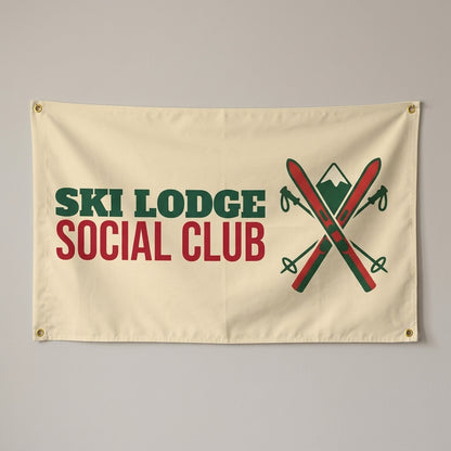 Ski Lodge Social Club flag 3x5 in cream with crossed skis and poles, hung on a wall