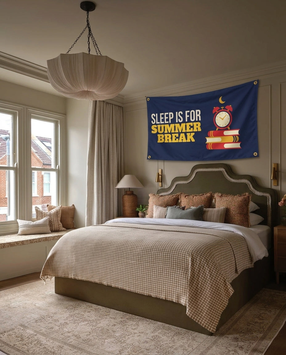Sleep Is For Summer Break dorm wall flag hanging in a bedroom