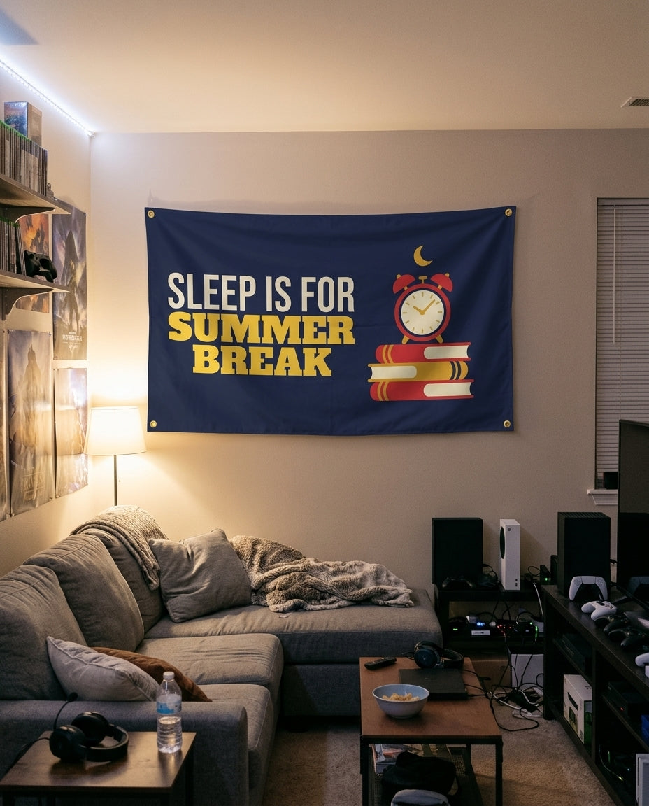 Sleep Is For Summer Break flag decorating a game room wall