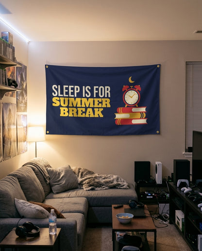 Sleep Is For Summer Break flag decorating a game room wall