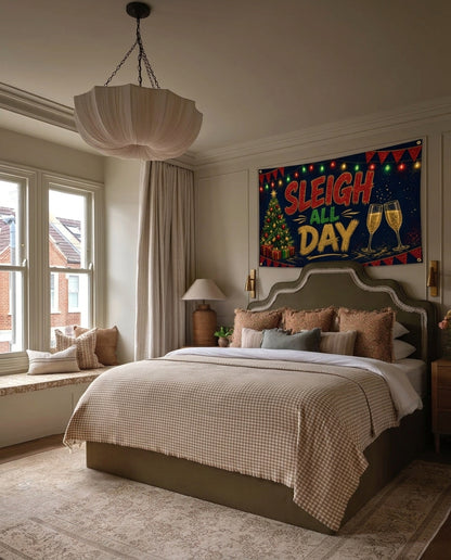 Sleigh All Day Christmas wall flag hanging in a bedroom