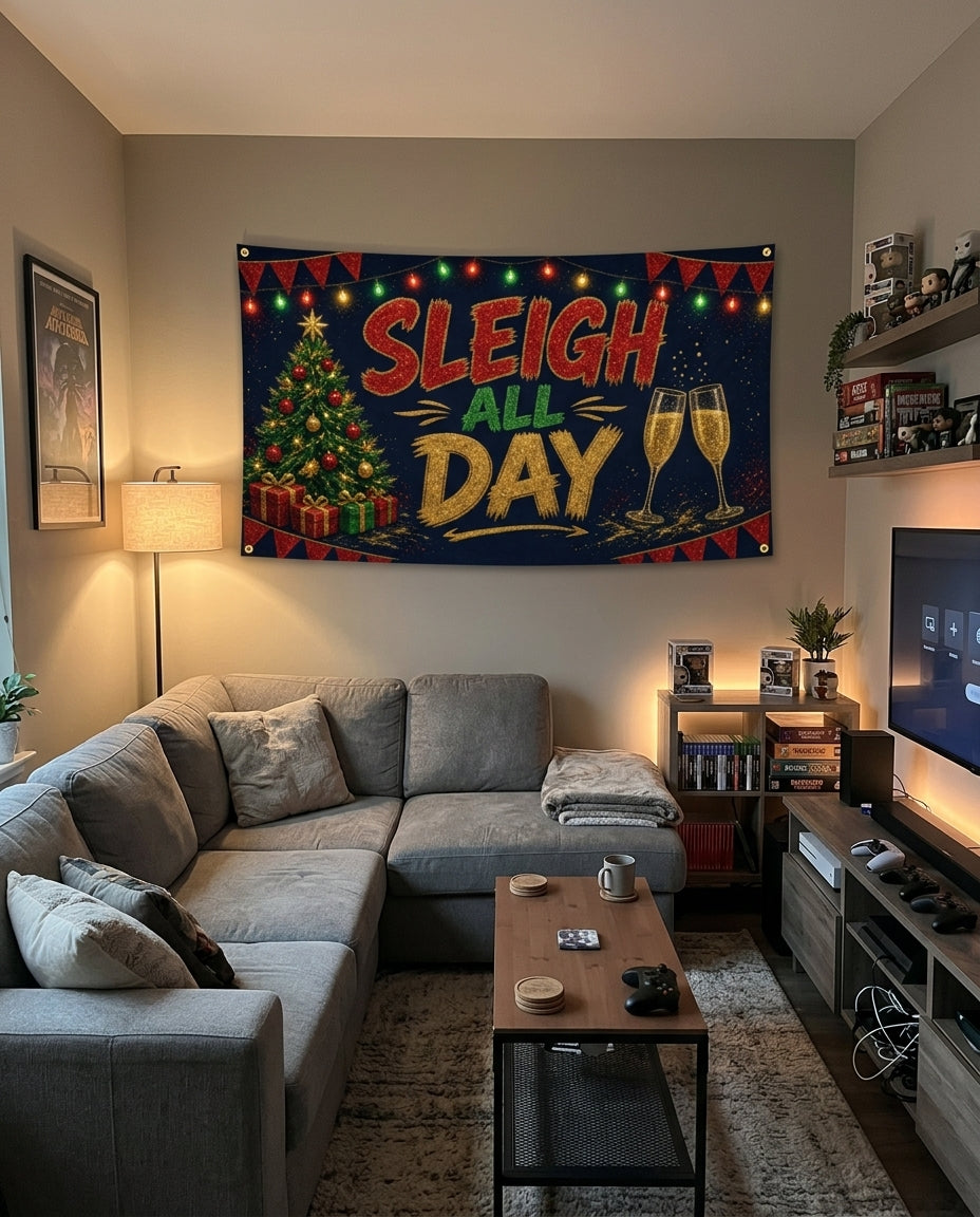 Sleigh All Day flag decorating a game room wall