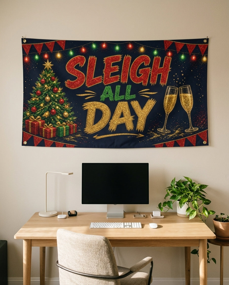 Sleigh All Day 3x5 flag on a home office wall