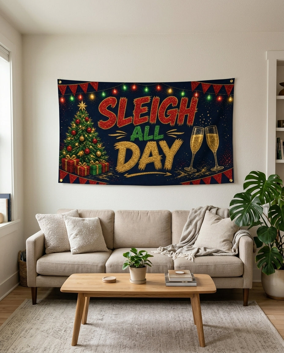 Sleigh All Day flag used as holiday living room wall decor