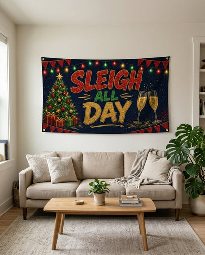 Sleigh All Day flag used as holiday living room wall decor