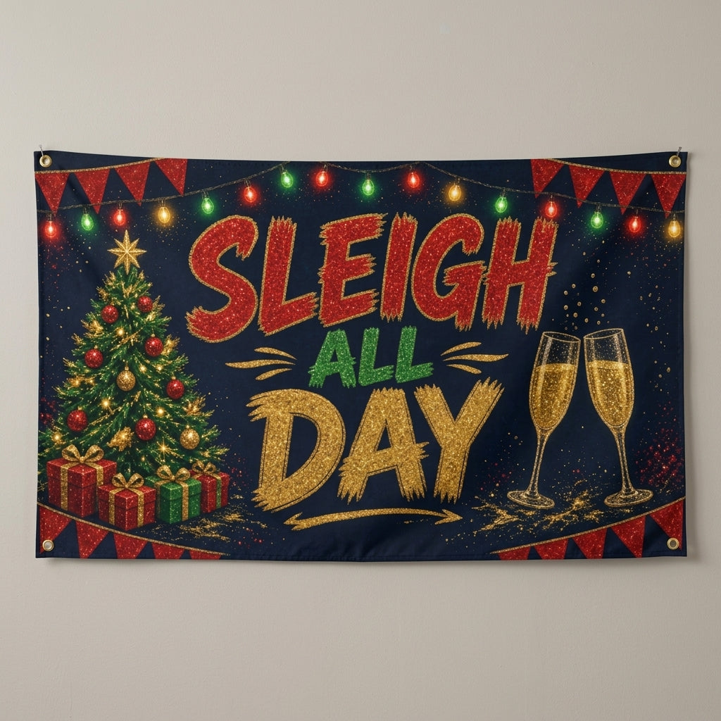 Sleigh All Day flag 3x5 with lights, gifts and champagne in red and gold, hung on a wall