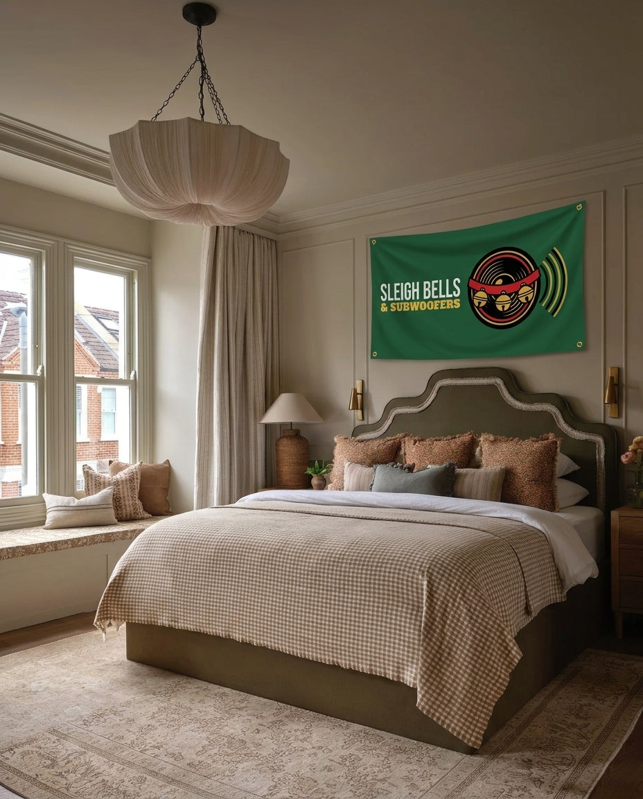 Sleigh Bells And Subwoofers Christmas wall flag hanging in a bedroom