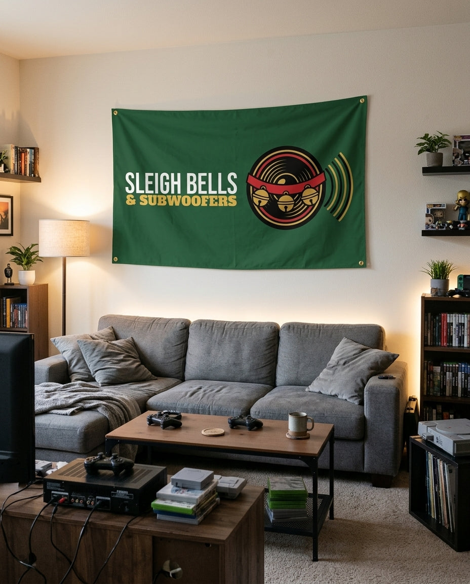 Sleigh Bells And Subwoofers flag decorating a game room wall