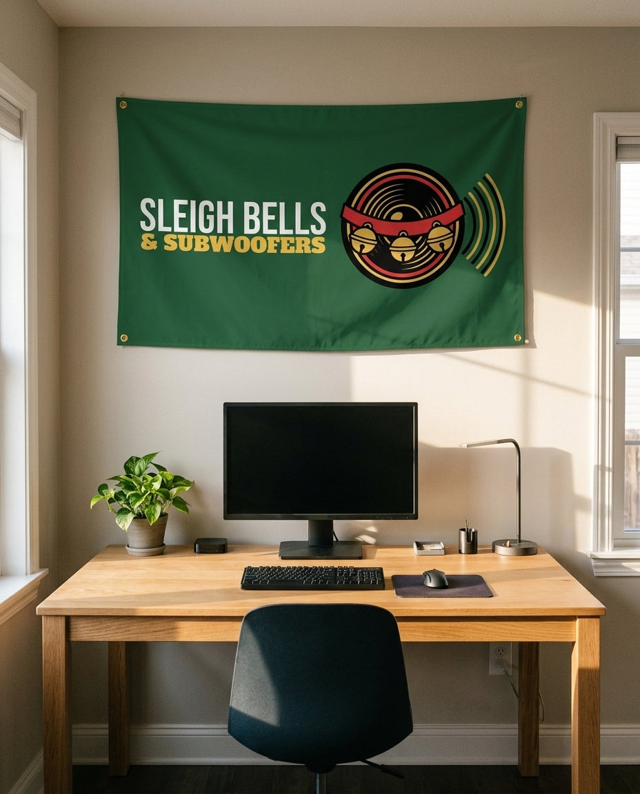 Sleigh Bells And Subwoofers 3x5 flag on a home office wall