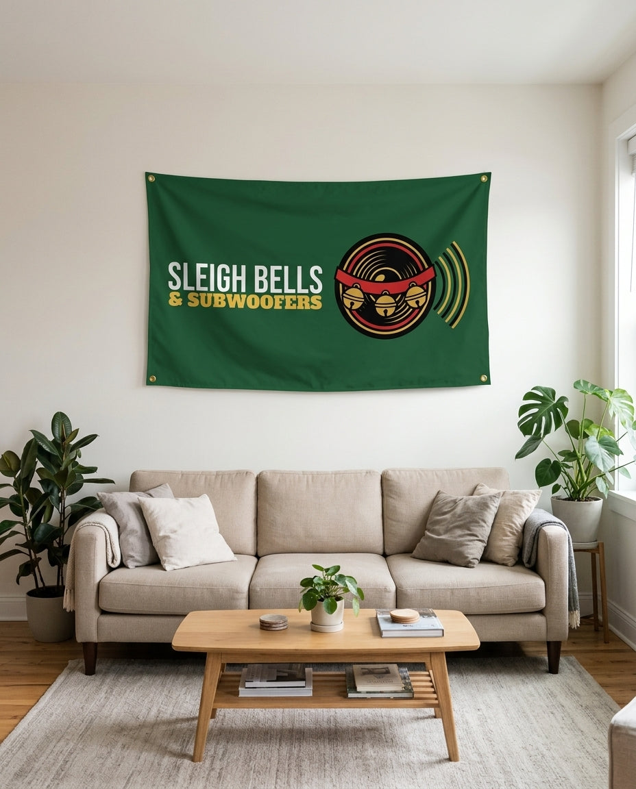 Sleigh Bells And Subwoofers flag used as living room wall decor