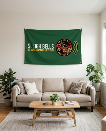 Sleigh Bells And Subwoofers flag used as living room wall decor