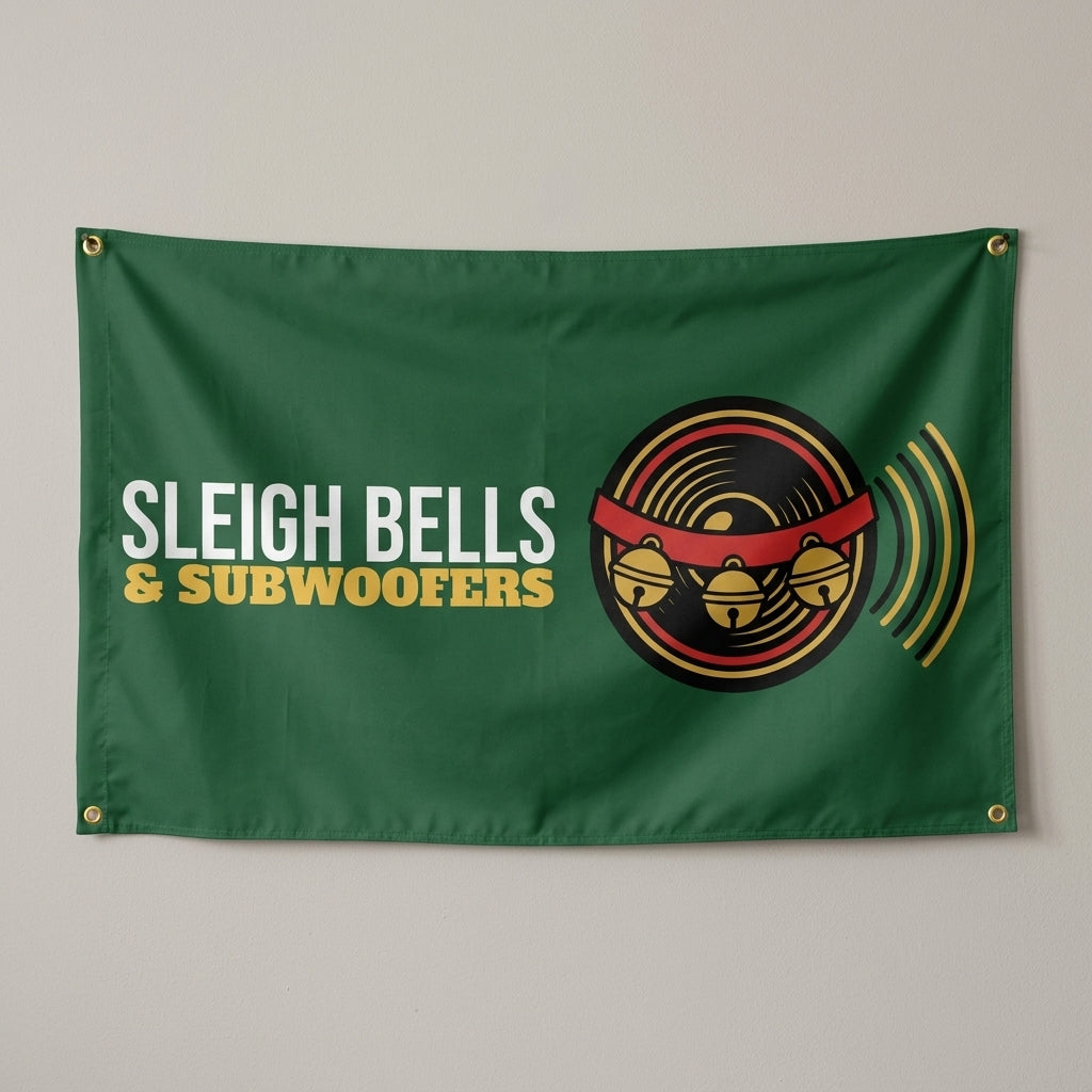 Sleigh Bells And Subwoofers flag 3x5 in dark green with a record and sleigh bells, hung on a wall