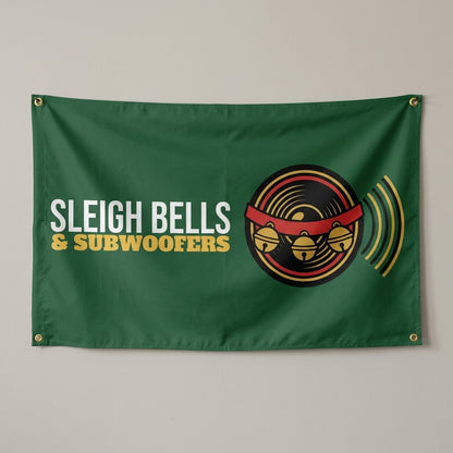 Sleigh Bells And Subwoofers flag 3x5 in dark green with a record and sleigh bells, hung on a wall