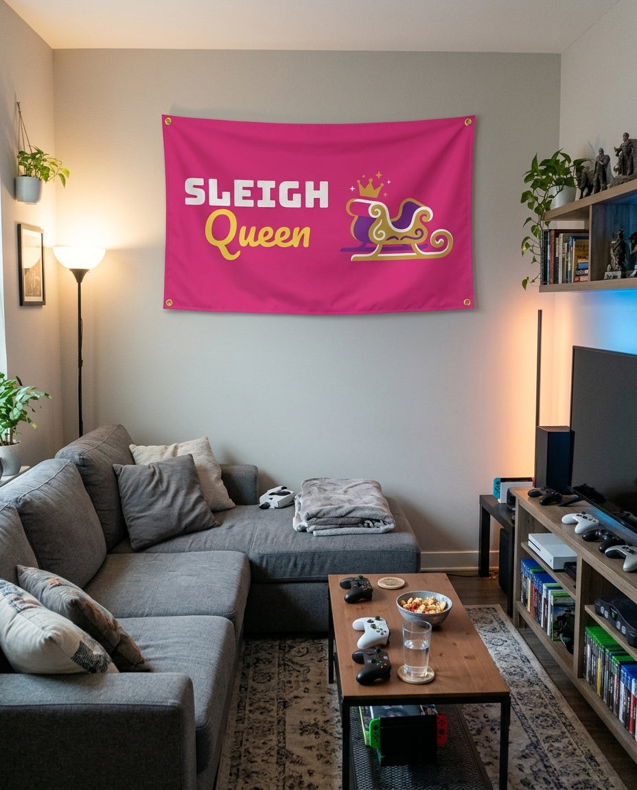 Sleigh Queen flag decorating a game room wall