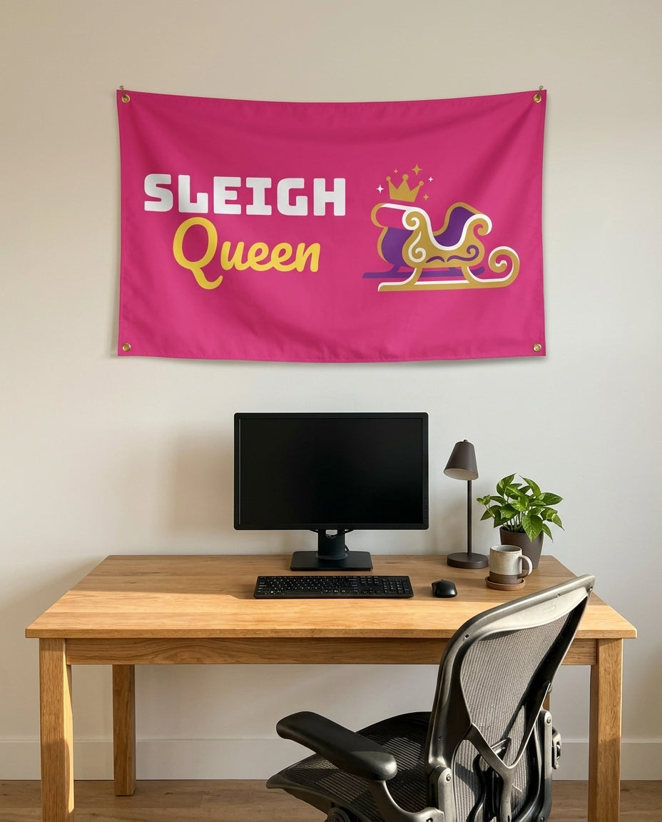 Sleigh Queen 3x5 flag on a home office wall