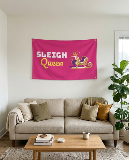 Sleigh Queen flag used as living room wall decor