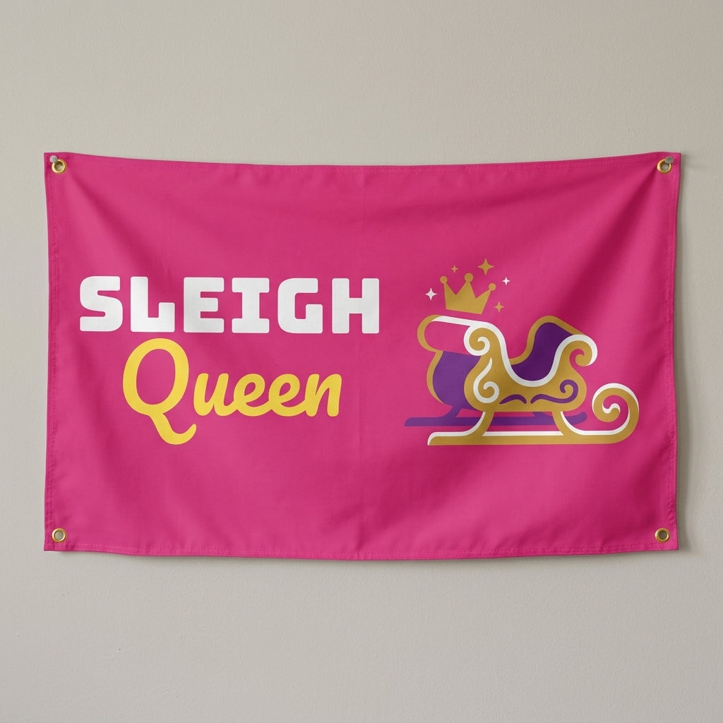 Sleigh Queen flag 3x5 in hot pink with a sleigh with a gold crown, hung on a wall