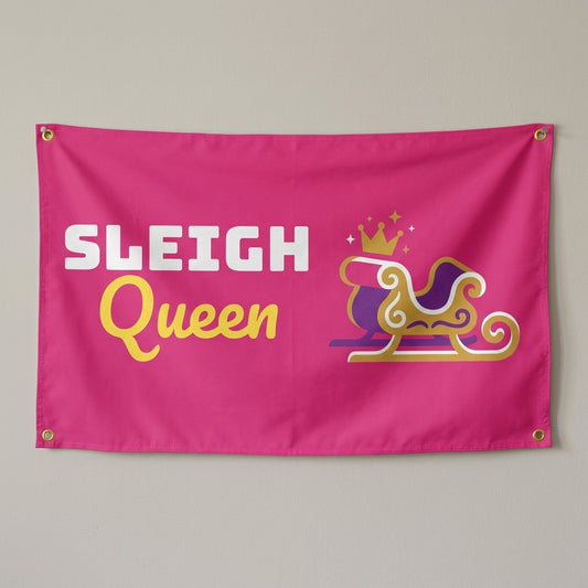 Sleigh Queen flag 3x5 in hot pink with a sleigh with a gold crown, hung on a wall