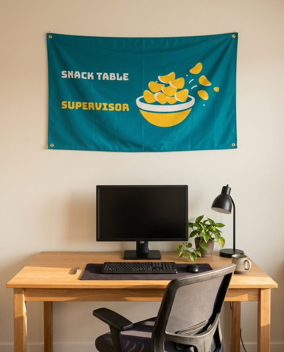 Snack Table Supervisor 3x5 flag on a home office wall