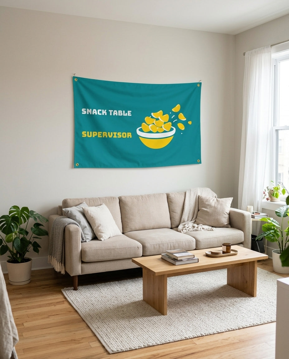 Snack Table Supervisor flag used as living room wall decor