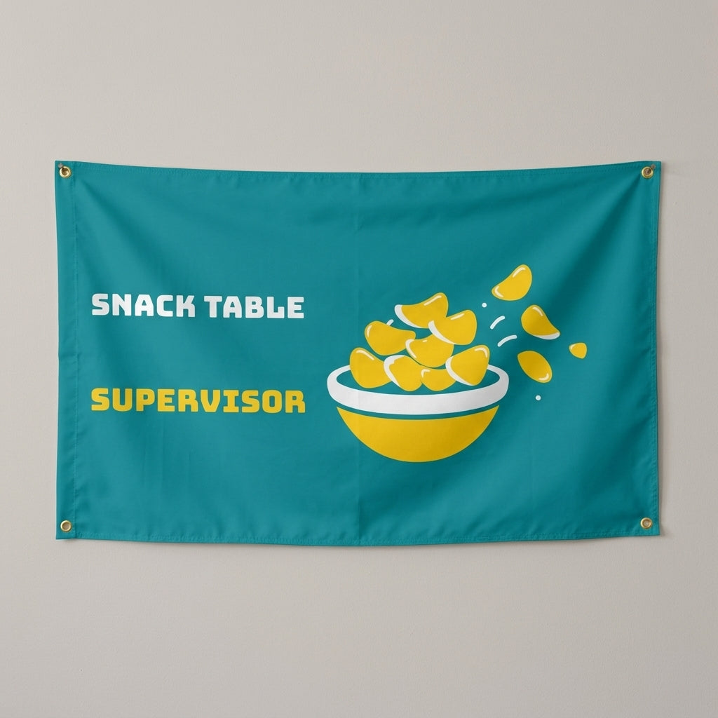 Snack Table Supervisor flag 3x5 in teal with a yellow bowl of flying chips, hung on a wall