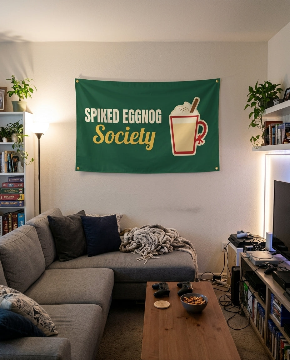 Spiked Eggnog Society flag decorating a game room wall