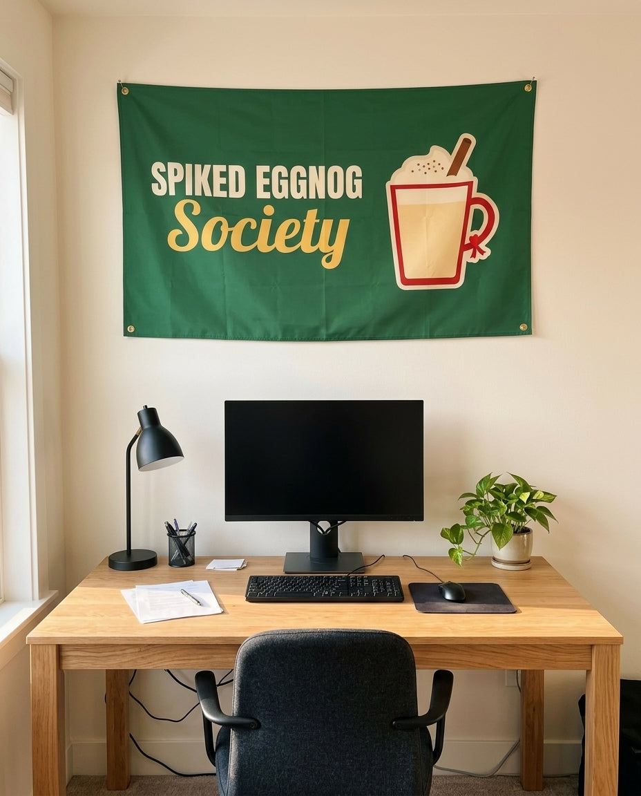 Spiked Eggnog Society 3x5 flag on a home office wall